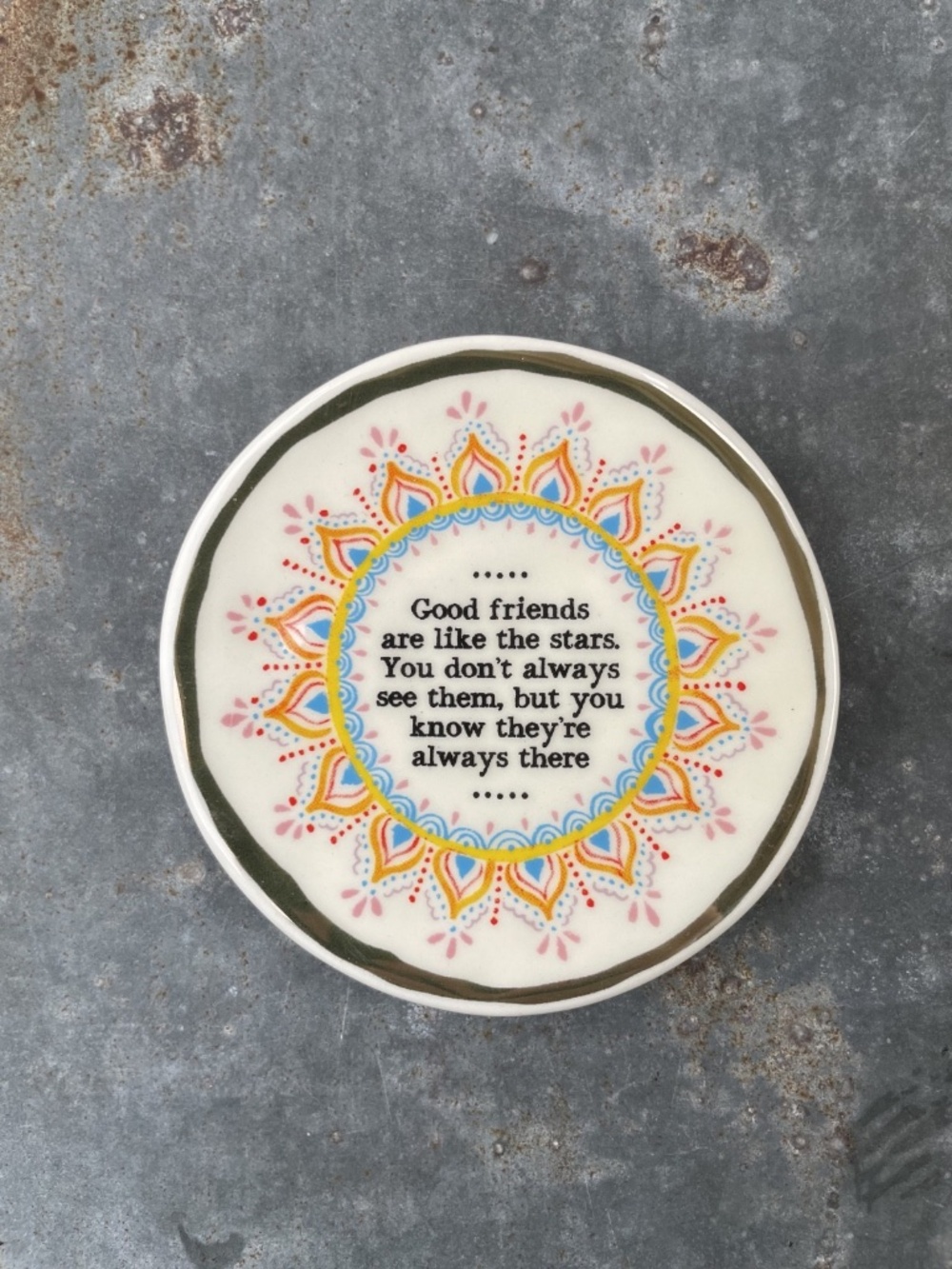 Natural Life Ceramic mini Plate w/ multicolor Sun Design & Friendship quote